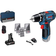 Акумуляторний шурупокрут Bosch Professional GSR12V-15 в сумці з 2 акб 12V (2Ah+4Ah) та з/п GAL 12V-20, з набором 7 свердел по дереву, набором 7 свердел по металу та набором 25 насадок