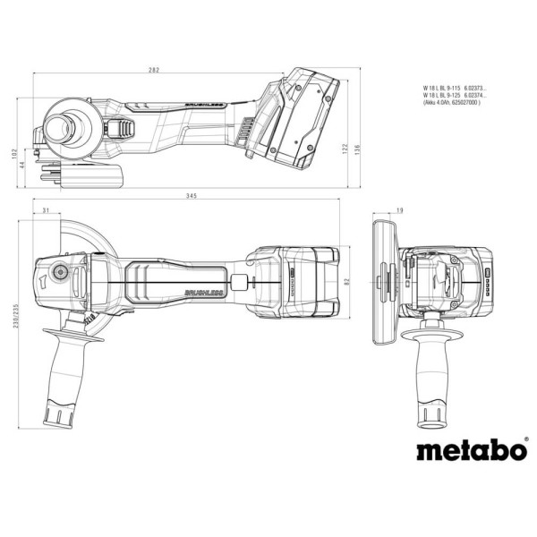Аккумуляторная болгарка Metabo W 18 L BL 9-115 без акб