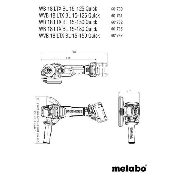 Аккумуляторная угловая шлифмашина Metabo WB 18 LTX BL 15-180 Quick в MetaBOX 165 L без акб
