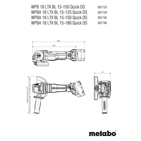 Акумуляторна кутова шліфмашина Metabo WPBA 18 LTX BL 15-180 Quick DS в MetaBOX 165 L без акб