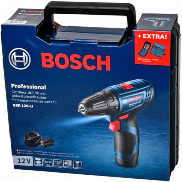 Аккумуляторная дрель-шуруповерт Bosch Professional GSR 120-LI, 2 акб GBA 12 В 2.0 Ah, з/п GAL 1210 CV, кейс, набор бит