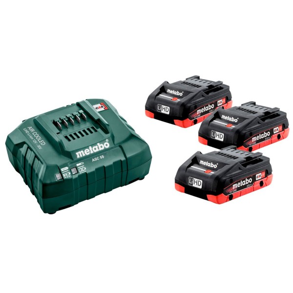 Базовый комплект Metabo 3 акб LiHD на 4.0 Ah с з/у ASC 55 в кейсе MetaBox 145