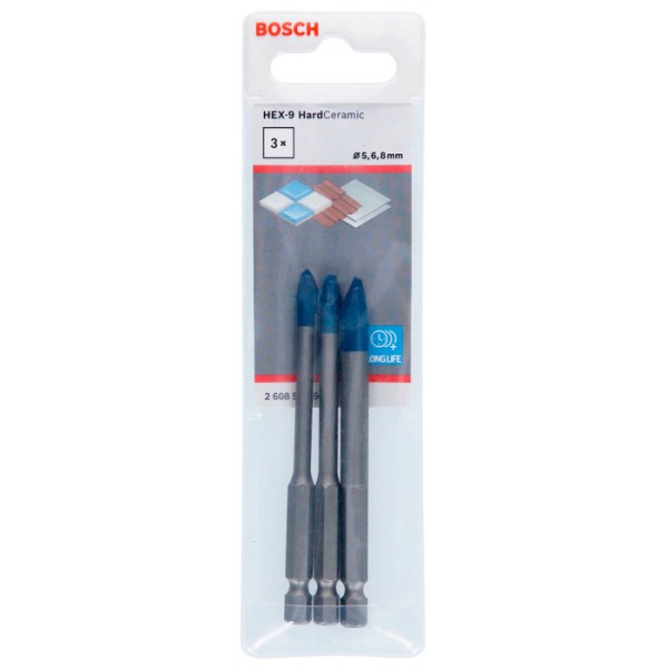 Набір свердл по склу та кераміці Bosch HEX-9 HardCeramic 5, 6, 8 мм х 90 мм, 3 шт