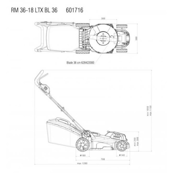 Акумуляторна газонокосарка Metabo RM 36-18 LTX BL 36, без акб
