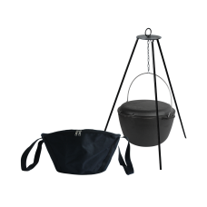 Казан чугунный туристический 10 л с чугунной крышкой-сковородой, чехлом и треногой