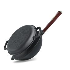 Сковорода чугунная с деревянной ручкой Бордо и чугунной крышкой-сковородой WOK 2,2 л