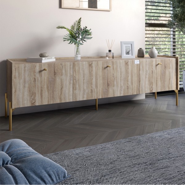 Тумба під телевізор на 3 шухляди LION Wood з золотими ніжками 160х65х40 см Дуб Сонома Трюфель (LION-042995)