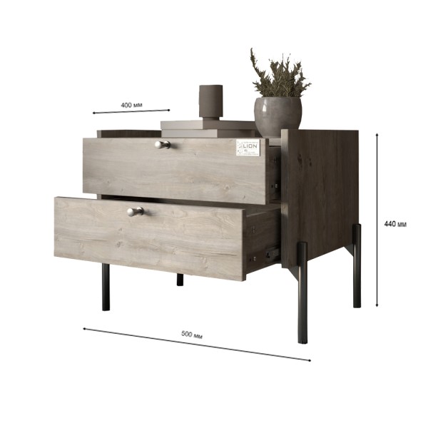 Тумба приліжкова LION Wood з двома шухлядами Бетон style (золоті ножки) (LION-041338)