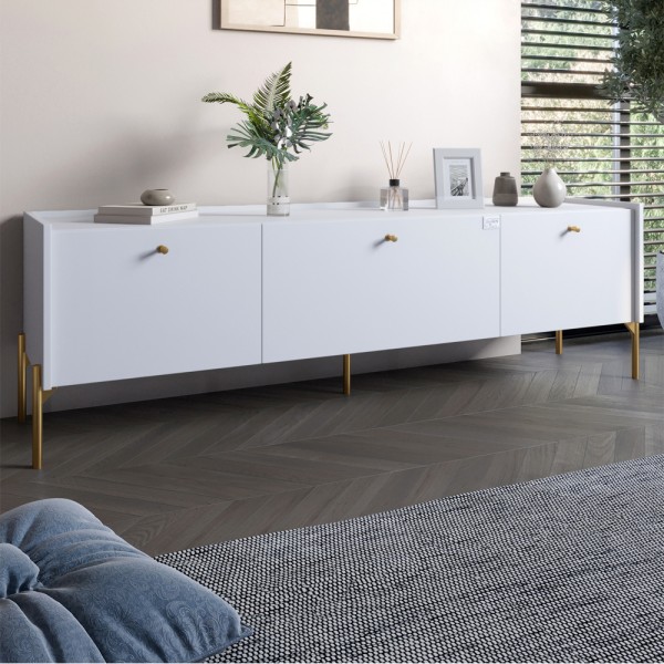 Тумба під телевізор на 3 шухляди LION Wood з золотими ніжками 160х65х40 см Німфея Альба (білий) (LION-042997)