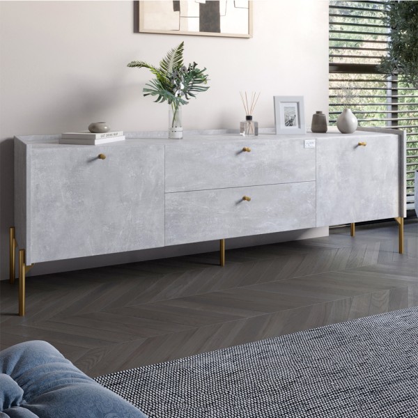 Тумба під телевізор з шухлядами LION Wood з золотими ніжками 180х50х40 см Бетон (LION-043108)