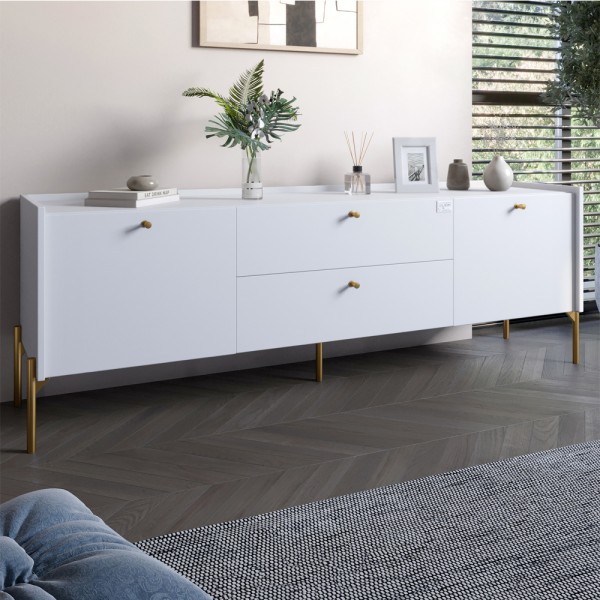 Тумба під телевізор з шухлядами LION Wood з золотими ніжками 180х50х40 см Німфея Альба (білий) (LION-043118)