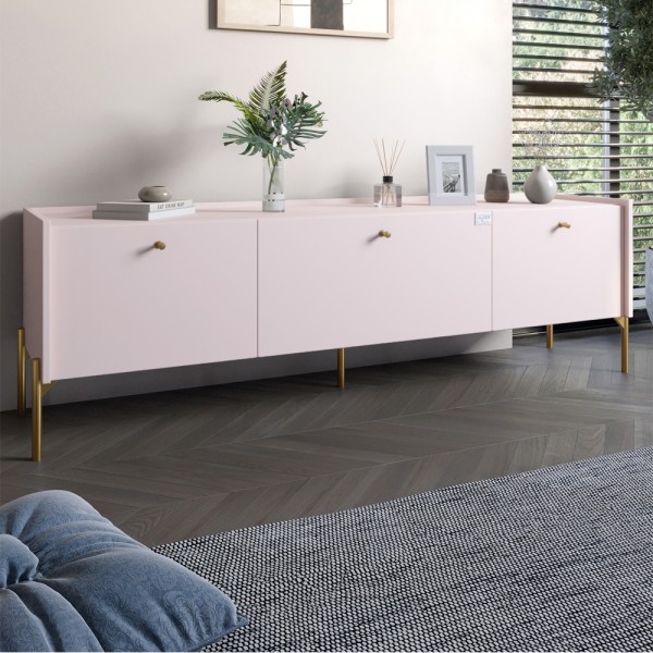 Тумба під телевізор на 3 шухляди LION Wood з золотими ніжками 160х65х40 см Рожевий (LION-042998)