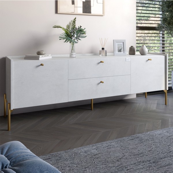 Тумба під телевізор з шухлядами LION Wood з золотими ніжками 180х50х40 см Бетон style (LION-043109)
