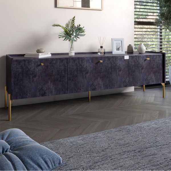 Тумба під телевізор на 3 шухляди LION Wood з золотими ніжками 160х65х40 см Бетон темний (LION-042989)