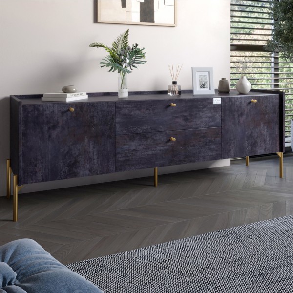 Тумба під телевізор з шухлядами LION Wood з золотими ніжками 180х50х40 см Бетон темний (LION-043110)