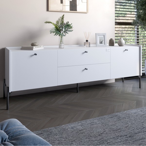 Тумба під телевізор з шухлядами LION Wood з чорними ніжками 180х50х40 см Німфея Альба (білий) (LION-043132)
