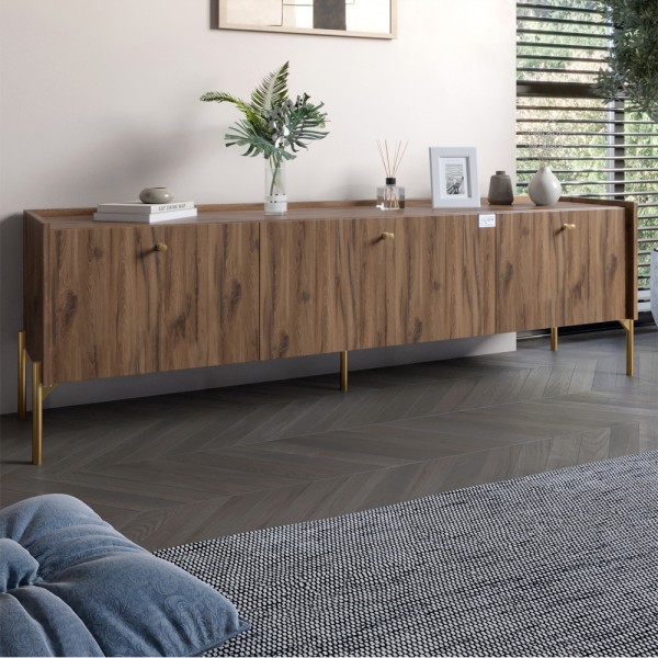 Тумба під телевізор на 3 шухляди LION Wood з золотими ніжками 160х65х40 см Дуб Ліворно (LION-042993)
