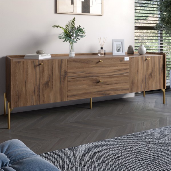 Тумба під телевізор з шухлядами LION Wood з золотими ніжками 180х50х40 см Дуб Ліворно (LION-043114)