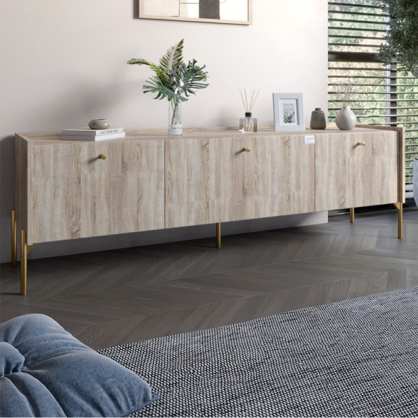 Тумба під телевізор на 3 шухляди LION Wood з золотими ніжками 160х65х40 см Дуб Сонома (LION-042994)
