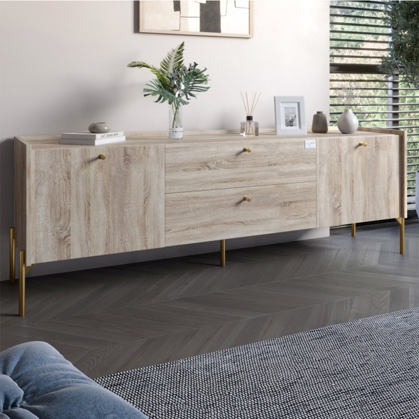 Тумба під телевізор з шухлядами LION Wood з золотими ніжками 180х50х40 см Дуб Сонома (LION-043115)