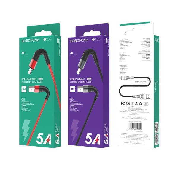 Кабель BOROFONE BX32 USB to iP 2.4A, 1m, nylon, aluminum+TPE connectors, Black (BX32LB)