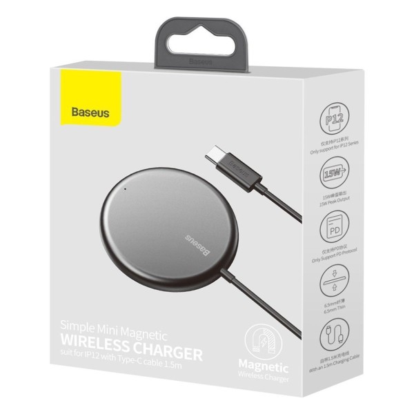 Бездротовий зарядний пристрій Baseus Simple Mini Magnetic Wireless Charger For IPwith Type-C Cable Black (WXJK-F01)