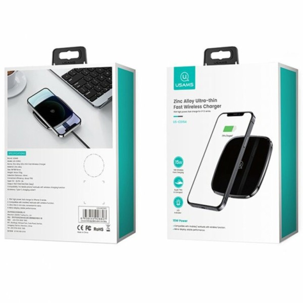 Бездротовий зарядний пристрій Usams CD154 Zinc Alloy Ultra-thin Fast Wireless Charger 15W Black (CD154CDX01)