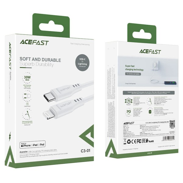Кабель ACEFAST C3-01 Type-C to iP 3A, 30W, TPE, TPE connectors, White (AFC3-01W)