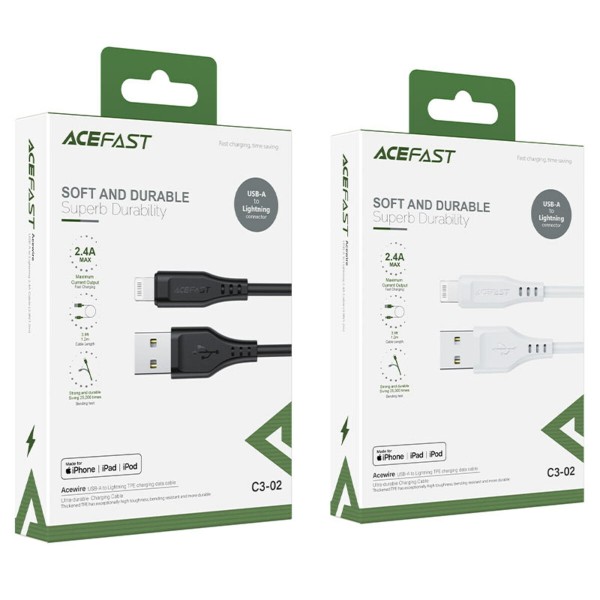 Кабель ACEFAST C3-02 USB to iP 2.4A, 1.2m, TPE, TPE connectors, Black (AFC3-02B)
