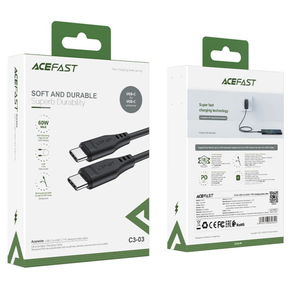 Кабель ACEFAST C3-03 Type-C to Type-C 3A, 60W, 1.2m, TPE, TPE connectors, Black (AFC3-03B)