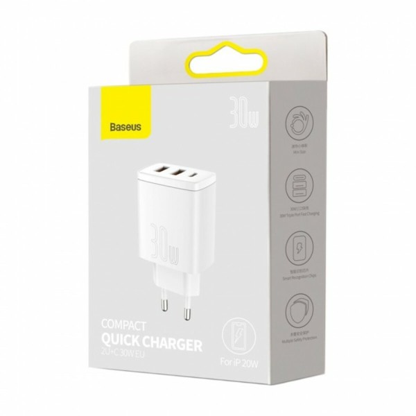 Мережевий зарядний пристрій Baseus Compact Quick Charger 2U+C 30W EU White (CCXJ-E02)