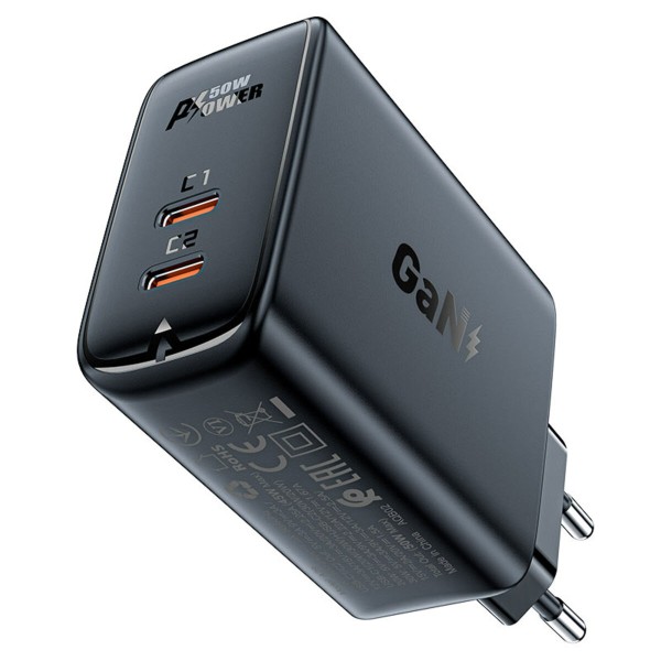 Мережевий зарядний пристрій ACEFAST A29 PD50W GaN (USB-C+USB-C) dual port charger Black (AFA29B)