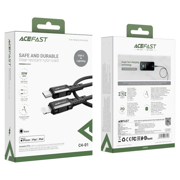 Кабель ACEFAST C4-01 Type-C to iP 3A, 30W, 1.8m, nylon, zinc connectors, Black (AFC4-01B)