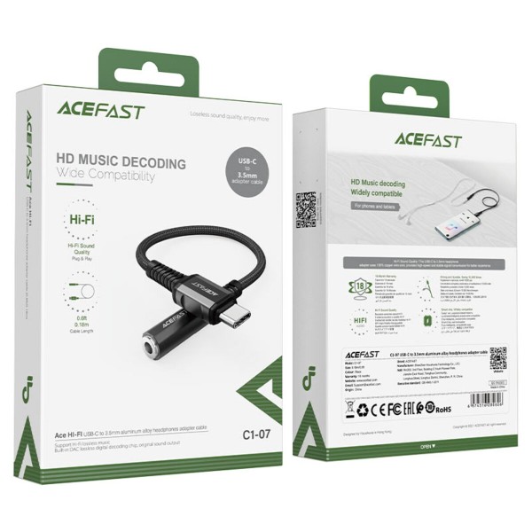 Кабель-перехiдник ACEFAST C1-07 USB-C to 3.5mm aluminum alloy headphones adapter cable Black (AFC1-07B)