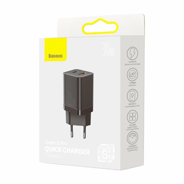 Мережевий зарядний пристрій Baseus Super Si Pro Quick Charger C+U 30W EU Black (CCSUPP-E01)