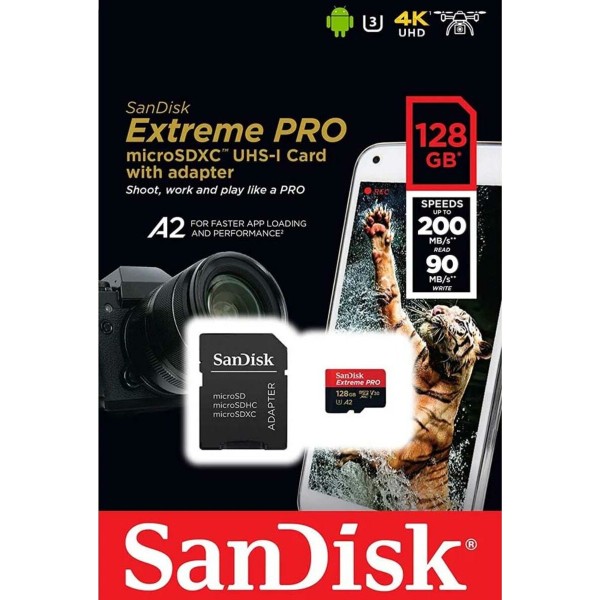 Карта пам'яті microSDXC (UHS-1 U3) SanDisk Extreme Pro A2 128Gb class 10 V30 (R200MB/s,W90MB/s) (adapter) (SDSQXCD-128G-GN6MA)