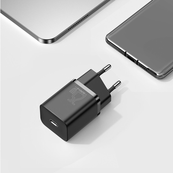 Мережевий зарядний пристрій Baseus Super Si Quick Charger 1C 25W EU Sets Black（With Mini White Cable Type-C to Type-C 3A 1m Black） (TZCCSUP-L01)