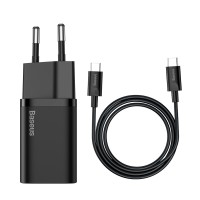 Мережевий зарядний пристрій Baseus Super Si Quick Charger 1C 25W EU Sets Black（With Mini White Cable Type-C to Type-C 3A 1m Black） (TZCCSUP-L01)