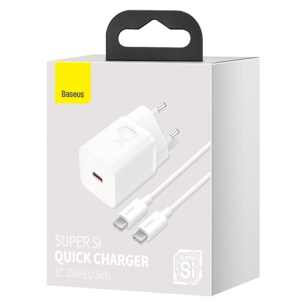 Мережевий зарядний пристрій Baseus Super Si Quick Charger 1C 25W EU Sets White（With Mini White Cable Type-C to Type-C 3A 1m White） (TZCCSUP-L02)