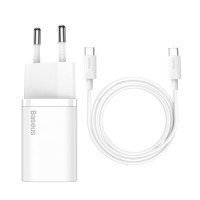 Мережевий зарядний пристрій Baseus Super Si Quick Charger 1C 25W EU Sets White（With Mini White Cable Type-C to Type-C 3A 1m White） (TZCCSUP-L02)