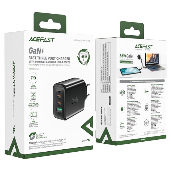 Мережевий зарядний пристрій ACEFAST A41 PD65W GaN (2*USB-C+USB-A) charger Black (AFA41B)