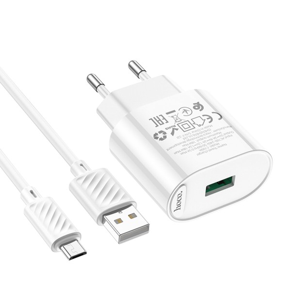Мережевий зарядний пристрій HOCO C109A Fighter single port QC3.0 charger set(Micro) White (6931474784827)