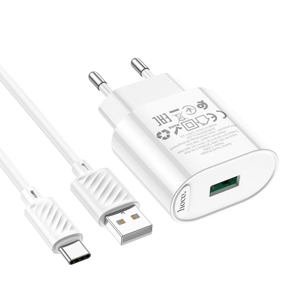 Мережевий зарядний пристрій HOCO C109A Fighter single port QC3.0 charger set(Type-C) White (6931474784834)