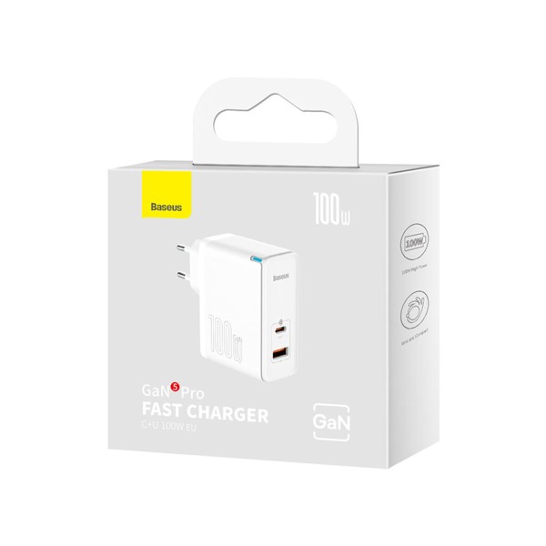 Мережевий зарядний пристрій Baseus GaN5 Pro Fast Charger C+U 100W EU White (With Mini White Cable Type-C to Type-C 100W(20V/5A) 1m White） (CCGP090202)