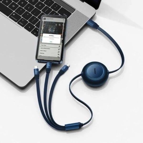 Кабель Baseus Bright Mirror 2 Series Retractable 3-in-1 Fast Charging Data Cable Type-C to M+L+C 100W 1.1m Blue (CAMJ010203)