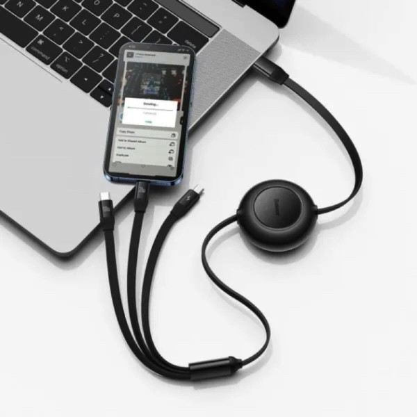 Кабель Baseus Bright Mirror 2 Series Retractable 3-in-1 Fast Charging  Data Cable Type-C to M+L+C 100W 1.1m Black (CAMJ010201)