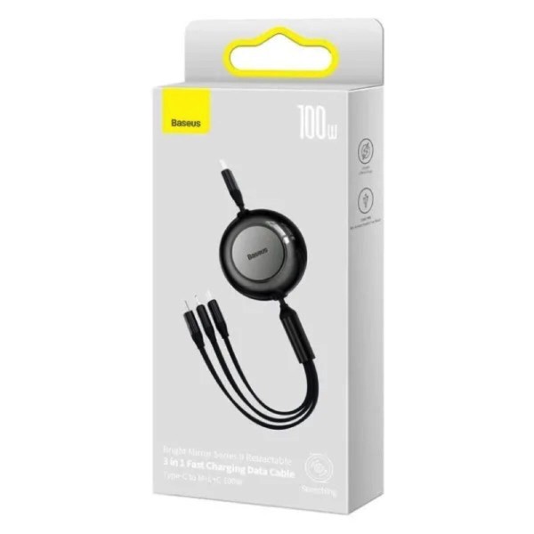 Кабель Baseus Bright Mirror 2 Series Retractable 3-in-1 Fast Charging  Data Cable Type-C to M+L+C 100W 1.1m Black (CAMJ010201)