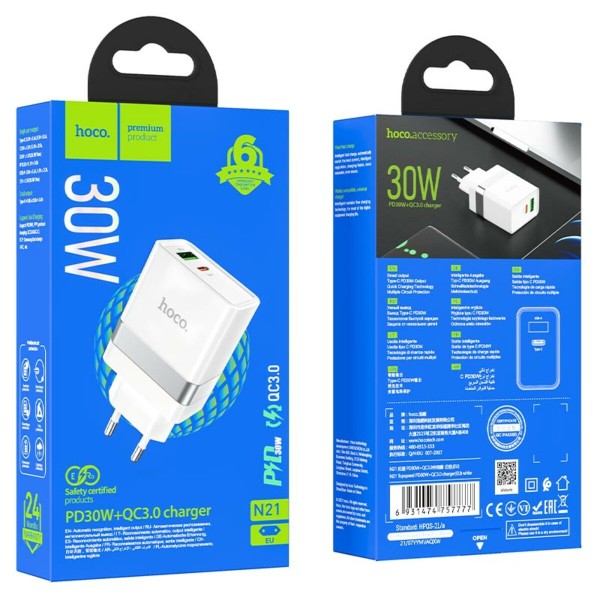 Мережевий зарядний пристрій HOCO N21 Topspeed PD30W+QC3.0 charger White (6931474757777)