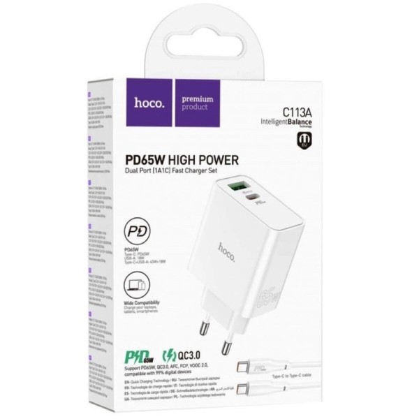 Мережевий зарядний пристрій HOCO C113A Awesome PD65W dual port(1A1C) charger White (6931474790910)