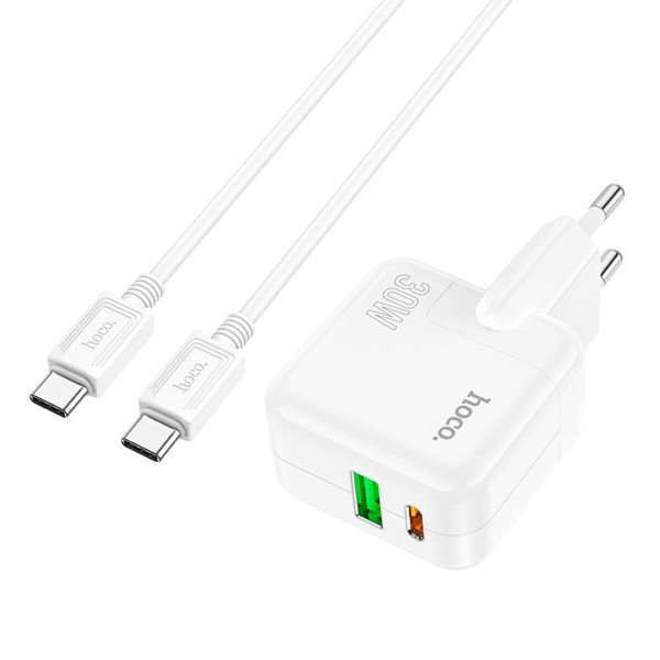 Мережевий зарядний пристрій HOCO C111A Lucky dual-port PD30W+QC3.0 charger set(Type-C to Type-C) White (6931474790880)
